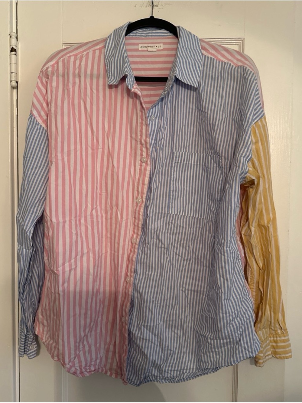 Aeropostale Women's Multi-Stripe Button-Down Shirt in Pink, Blue & Yellow